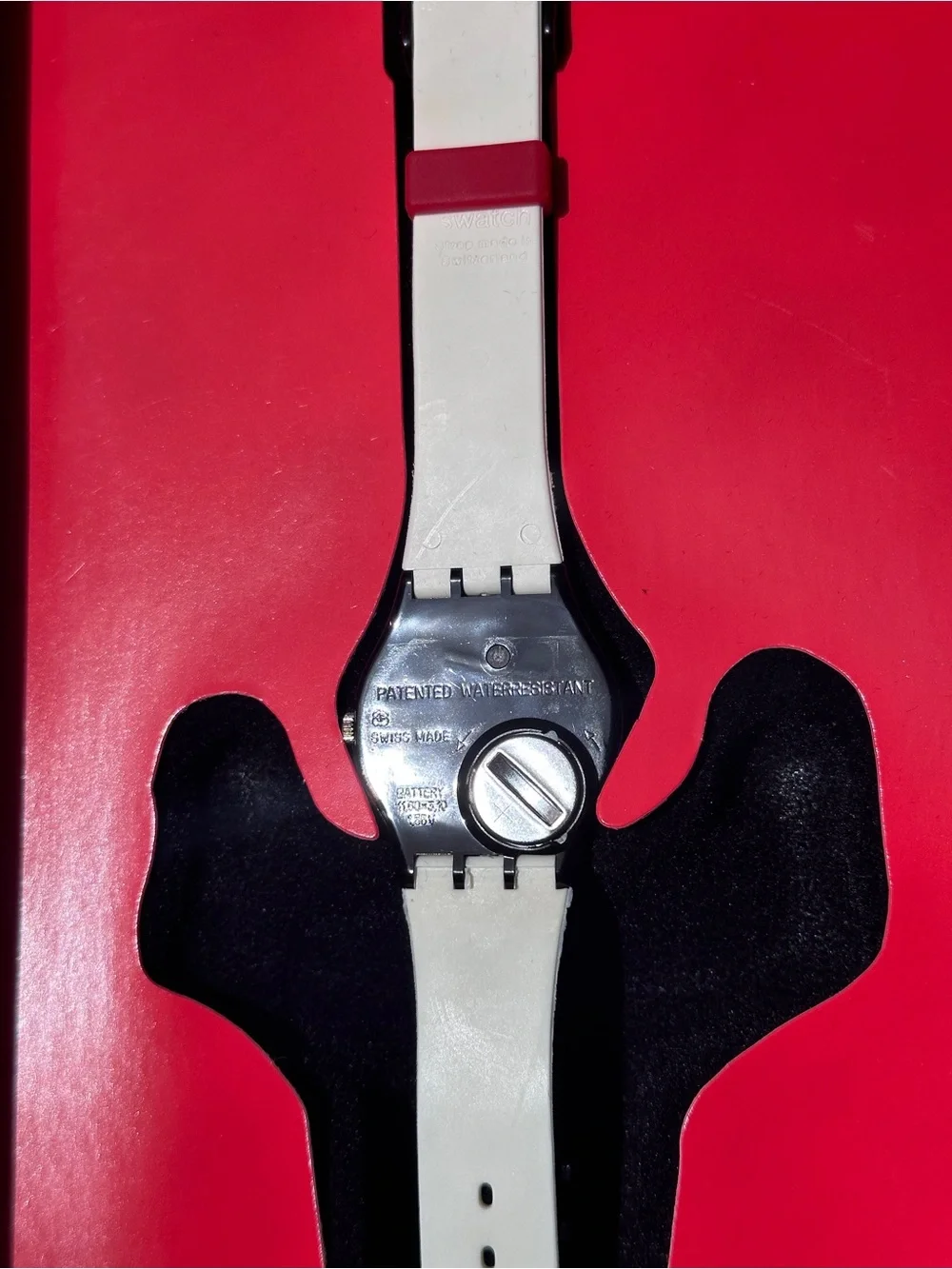 Swatch Club watch with display case and brooch